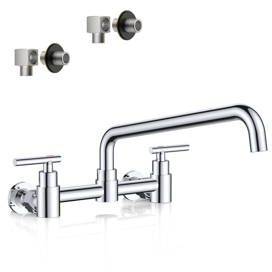 FORIOUS Wall Mount Kitchen Faucet, Adjustable 8" Center Commercial Chrome | No-Lead Stainless Steel Kitchen Sink Faucet, 12 Inch 360° Swivel Spout, 2 Handle for Utility Laundry Room Restaurant Outdoor