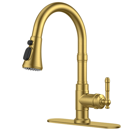 FORIOUS Vintage Kitchen Faucets with Pull Down Sprayer, Gold High Arc Single Handle Stainless Steel Antique Pull Out Sink Faucet for Farmhouse Camper Rv Bar, Fit for 1 or 3 Hole