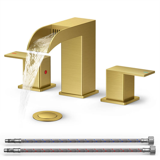 FORIOUS Square Brushed Gold Bathroom Faucets 3 Hole, Waterfall 8 Inch Widespread Bathroom Sink Faucet with Metal Pop-up Drain and Supply Lines, Two Handles for Vanity, Farmhouse, Rv