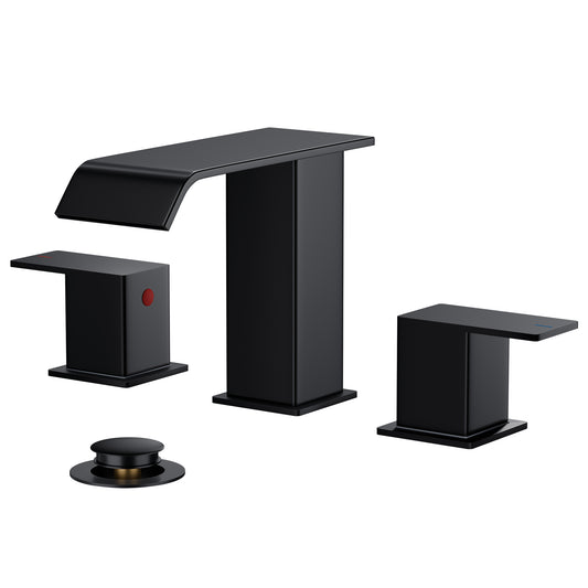 FORIOUS Matte Black Waterfall Bathroom Faucets 3 Hole, 8 Inch Widespread 2 Handles Bathroom Sink Faucet with Pop-up Drain and Flexible Hot and Cold Water Hoses, Suitable for Vanity RV Restroom