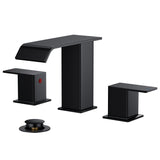 FORIOUS Matte Black Waterfall Bathroom Faucets 3 Hole, 8 Inch Widespread 2 Handles Bathroom Sink Faucet with Pop-up Drain and Flexible Hot and Cold Water Hoses, Suitable for Vanity RV Restroom FORIOUS Matte Black Waterfall Bathroom Faucets 3 Hole, 8 Inch Widespread 2 Handles Bathroom Sink Faucet with Pop-up Drain and Flexible Hot and Cold Water Hoses, Suitable for Vanity RV Restroom