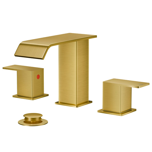 FORIOUS Matte Black Waterfall Bathroom Faucets 3 Hole, 8 Inch Widespread 2 Handles Bathroom Sink Faucet with Pop-up Drain and Flexible Hot and Cold Water Hoses, Suitable for Vanity RV Restroom