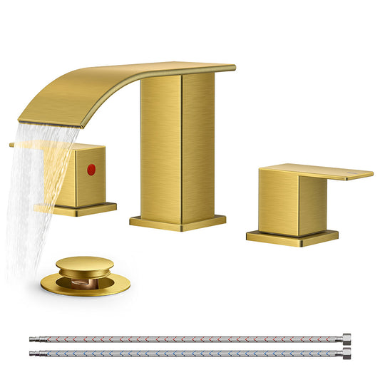 FORIOUS Brushed Gold Bathroom Faucets 3 Hole, Waterfall Square 8 Inch Widespread Bathroom Sink Faucet with Metal Pop-up Drain and Supply Lines, Two Handles for Vanity, RV, Farmhouse Remodel