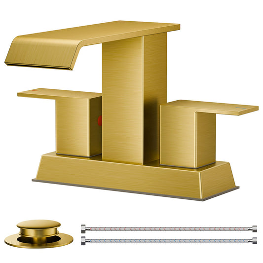 FORIOUS Square Waterfall Matte Black Bathroom Faucets 3 or 2 Hole for 4 Inch Centerset Sink with Metal Pop Up Drain and Hose, Double Handle Operation, Suitable for Vanity RV Restroom Remodel