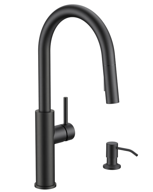 FORIOUS Kitchen Faucet with Soap Dispenser, Modern Matte Black, Single Handle High Arc Stainless Steel Kitchen Sink Faucet with Pull Down Sprayer, 1 or 3 Hole Deck Mount for RV, Laundry, Outdoor
