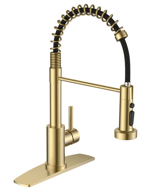 FORIOUS Kitchen Faucets with Sprayer, Gold Stainless Steel Sink Faucet Single Handle with Deck Plate, Commercial Classic Spring Faucet for Kitchen Sink, Bar & Prep Sinks, Laundry RV Camper