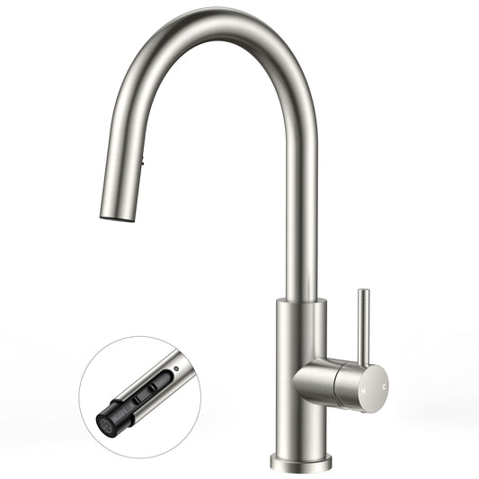 FORIOUS Kitchen Faucets with Pull Down Sprayer, Brushed Nickel Single Handle Stainless Steel High Arc Kitchen Sink Faucet with Deck Plate, 1 or 3 Hole Sink Faucet for Bar RV Outdoor Laundry