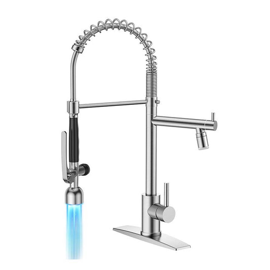 FORIOUS Commercial Kitchen Sink Faucet with Sprayer High Pressure, Double-Headed Spring Kitchen Faucets for Sink Stainless Steel with Regular and LED Aerator