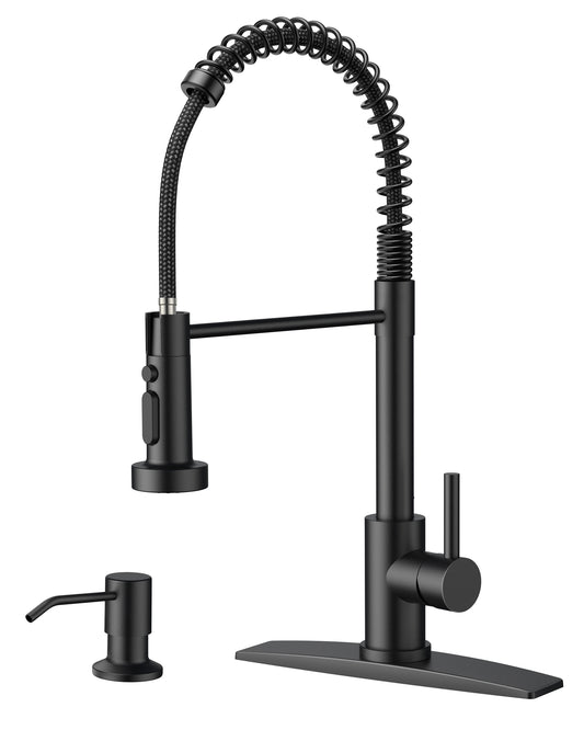 FORIOUS Black Kitchen Faucet with Soap Dispenser, Stainless Steel Kitchen Sink Faucet with Pull Down Sprayer Single Handle Modern Spring Commercial for Laundry Utility Room RV Camp Bar Farmhouse