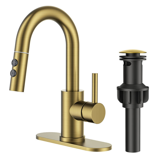 FORIOUS Single Hole Bar Sink Faucet with Pull Down Sprayer, Matte Black Bathroom Faucet for Sink 3 Hole with Pop Up Drain Hose, Suitable for Bath, RV, Laundry, Restroom & Utility Sink