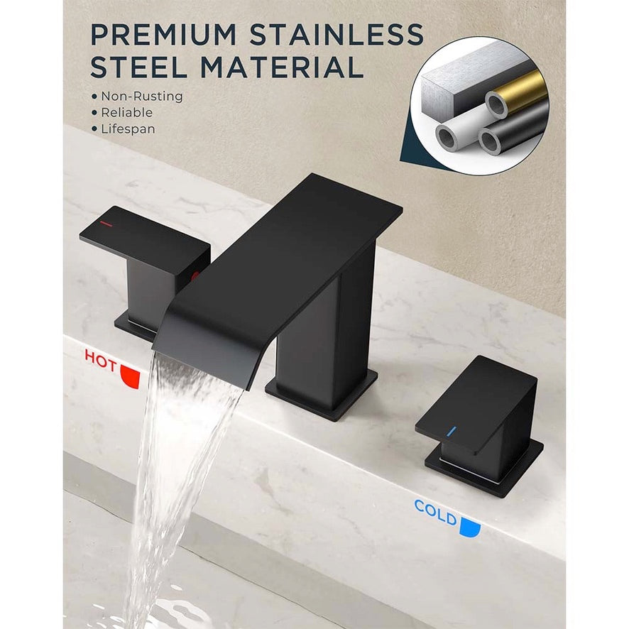 FORIOUS Matte Black Waterfall Bathroom Faucets 3 Hole, 8 Inch Widespread 2 Handles Bathroom Sink Faucet with Pop-up Drain and Flexible Hot and Cold Water Hoses, Suitable for Vanity RV Restroom FORIOUS Matte Black Waterfall Bathroom Faucets 3 Hole, 8 Inch Widespread 2 Handles Bathroom Sink Faucet with Pop-up Drain and Flexible Hot and Cold Water Hoses, Suitable for Vanity RV Restroom