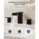 FORIOUS Matte Black Waterfall Bathroom Faucets 3 Hole, 8 Inch Widespread 2 Handles Bathroom Sink Faucet with Pop-up Drain and Flexible Hot and Cold Water Hoses, Suitable for Vanity RV Restroom FORIOUS Matte Black Waterfall Bathroom Faucets 3 Hole, 8 Inch Widespread 2 Handles Bathroom Sink Faucet with Pop-up Drain and Flexible Hot and Cold Water Hoses, Suitable for Vanity RV Restroom