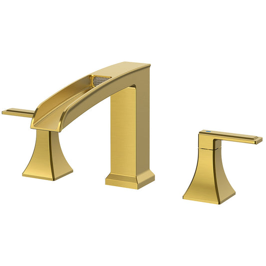 FORIOUS Waterfall Bathtub Faucet Set 3 Hole Brushed Gold, 2 Handle Deck Mount Roman Tub Faucet Widespread with Pre-Installed Water Hose for Garden Bathroom Bath Sink