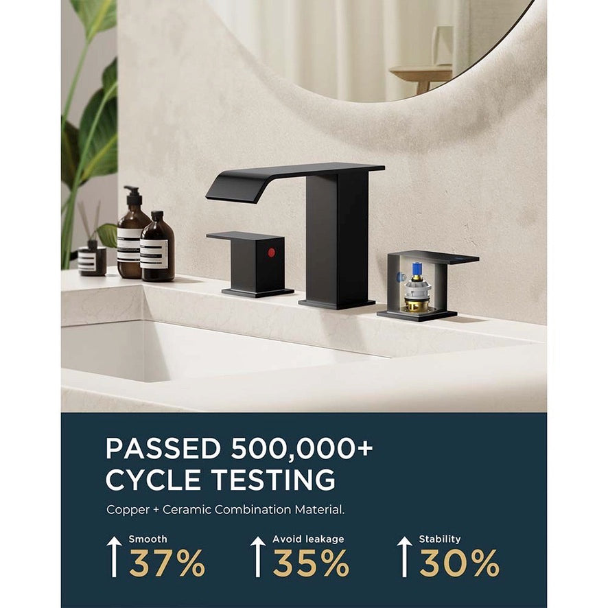 FORIOUS Matte Black Waterfall Bathroom Faucets 3 Hole, 8 Inch Widespread 2 Handles Bathroom Sink Faucet with Pop-up Drain and Flexible Hot and Cold Water Hoses, Suitable for Vanity RV Restroom FORIOUS Matte Black Waterfall Bathroom Faucets 3 Hole, 8 Inch Widespread 2 Handles Bathroom Sink Faucet with Pop-up Drain and Flexible Hot and Cold Water Hoses, Suitable for Vanity RV Restroom