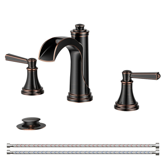 FORIOUS 8 Inch Widespread Bathroom Faucet 3 Hole, 2 Handle Brass Waterfall Faucet for Bathroom Sink 3 Hole with Mteal Pop-up Drain and CUPC Supply Line, for 6-12” Vanity