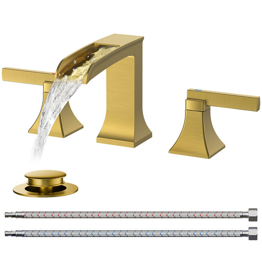 FORIOUS Waterfall Oil Rubbed Bronze Bathroom Faucet 3 Hole Vanity, Two Handle Brass Gold Faucet for Bathroom Sink Widespread 8 Inch with Metal Pop-up Drain and CUPC Pre-Assembled Hose
