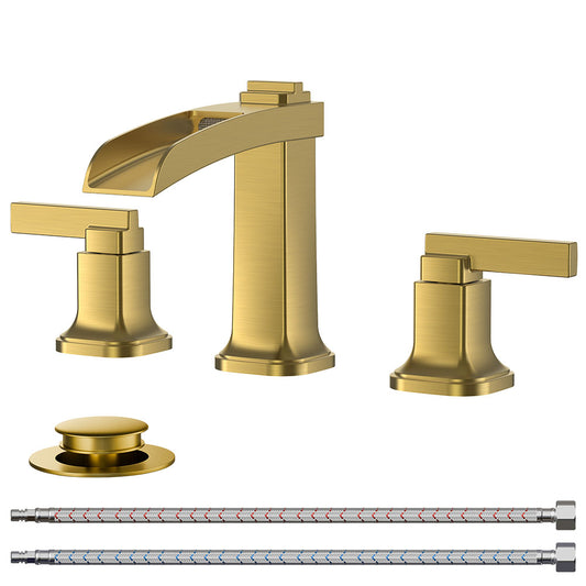 FORIOUS Waterfall Brushed Gold Bathroom Faucets 3 Hole, Modern Widespread 8 Inch Bathroom Sink Faucet with Metal Pop-up Drain and Pre-Assembled Hose for Vanity,Restroom