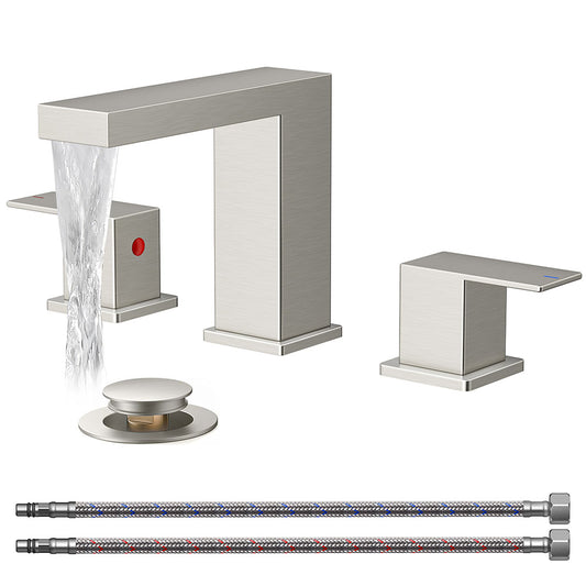 FORIOUS Matte Black Waterfall Bathroom Faucet 3 Hole, 8 Inch Widespread Square Bathroom Sink Faucet with Metal Pop-Up Drain and cUPC Supply Lines Included for Restroom, Lavatory, Vanity Sink