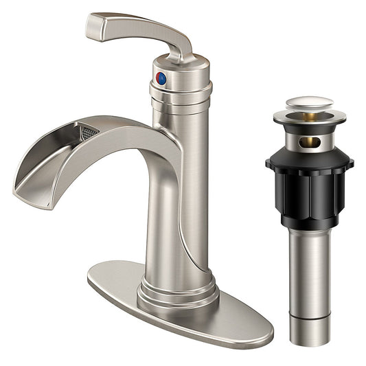 FORIOUS Bathroom Faucet Single Handle One Hole Antique Waterfall Bathroom Faucet with Metal Pop Up Drain and Deck Plate for Lavatory Vanity Farmhouse RV