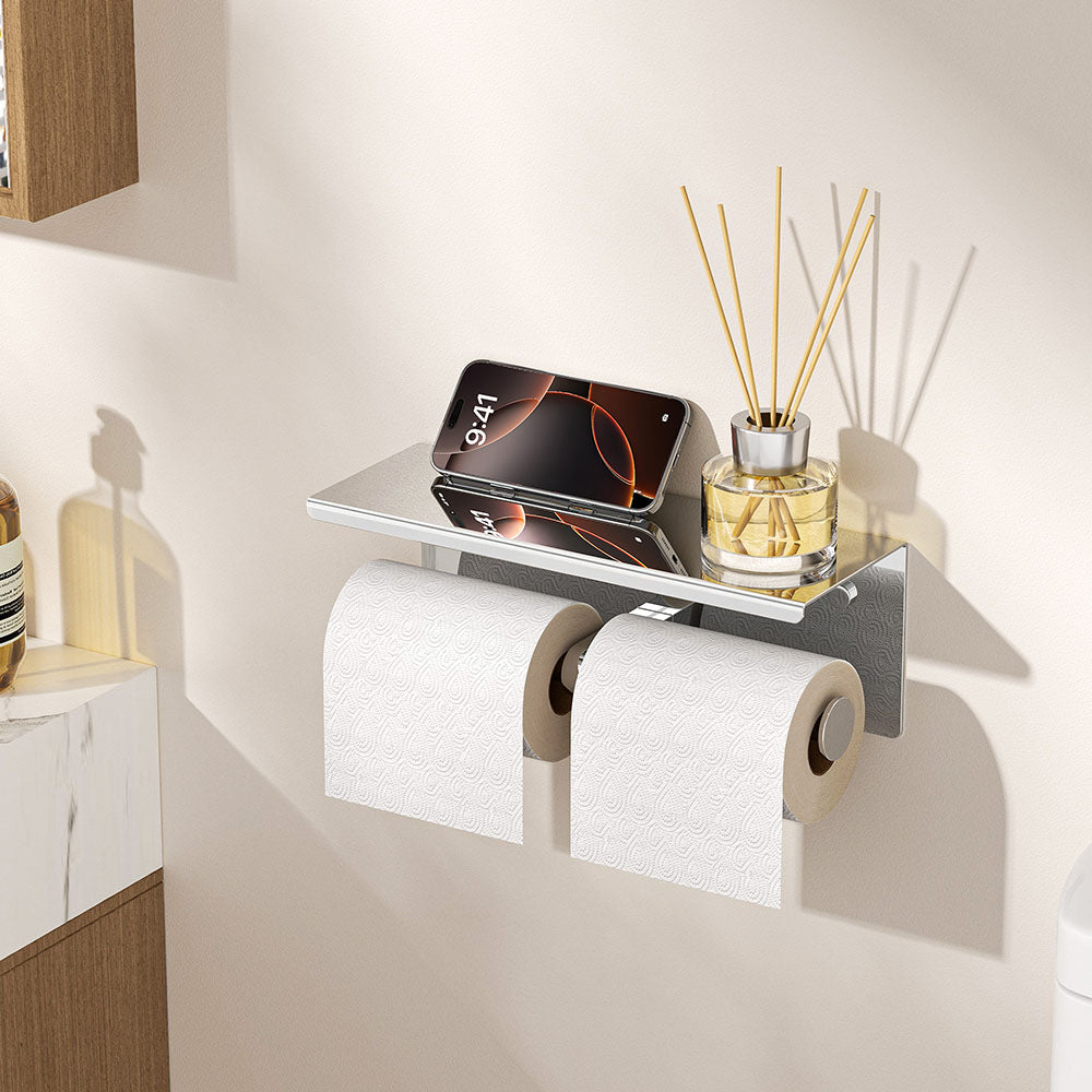 FORIOUS Double Toilet Paper Holder with Shelf, Wall Mount Tissue Roll Holder for Bathroom, 304 Stainless Steel Commercial Toilet Paper Dispenser with Phone Shelf, Brushed Nickel FORIOUS Double Toilet Paper Holder with Shelf, Wall Mount Tissue Roll Holder for Bathroom, 304 Stainless Steel Commercial Toilet Paper Dispenser with Phone Shelf, Brushed Nickel
