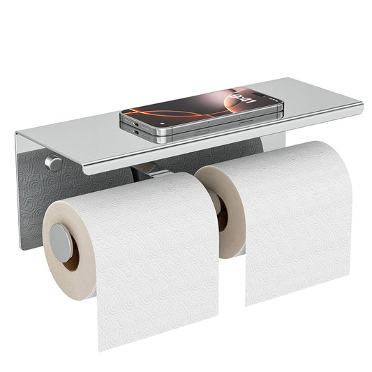 FORIOUS Double Toilet Paper Holder with Shelf, Wall Mount Tissue Roll Holder for Bathroom, 304 Stainless Steel Commercial Toilet Paper Dispenser with Phone Shelf, Brushed Nickel