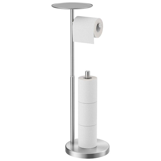 FORIOUS Toilet Paper Holder Stand with Shelf, Adjustable Height Freestanding Toilet Paper Stand with Storage, SUS 304 Stainless Steel and Weighted Base Tissue Roll Holder for Bathroom, Brushed Nickel