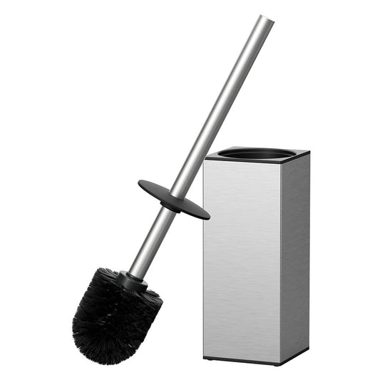 FORIOUS Toilet Brush and Holder Set, Heavy Duty 304 Stainless Steel Base Square and Long Handle for Bathroom Deep Cleaning, Drip-Proof, Space Saving for Storage, 2 Toilet Bowl Brush Head, Black