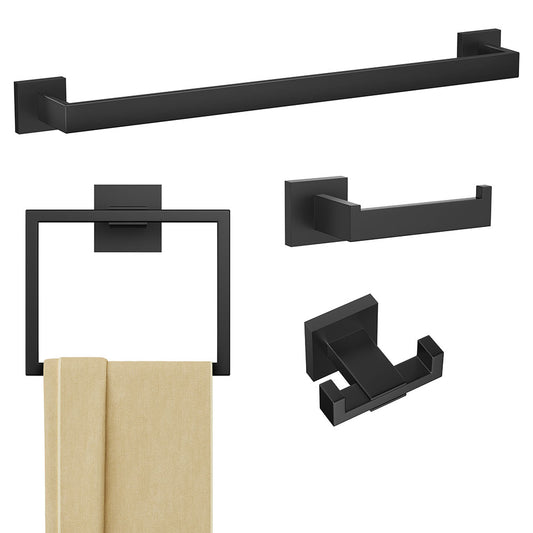 FORIOUS 4 Pieces Bathroom Hardware Accessories Set, Square 24 inch Towel Bar Set, SUS304 Stainless Steel Towel Rack Holder Set Wall Mounted, Matte Black