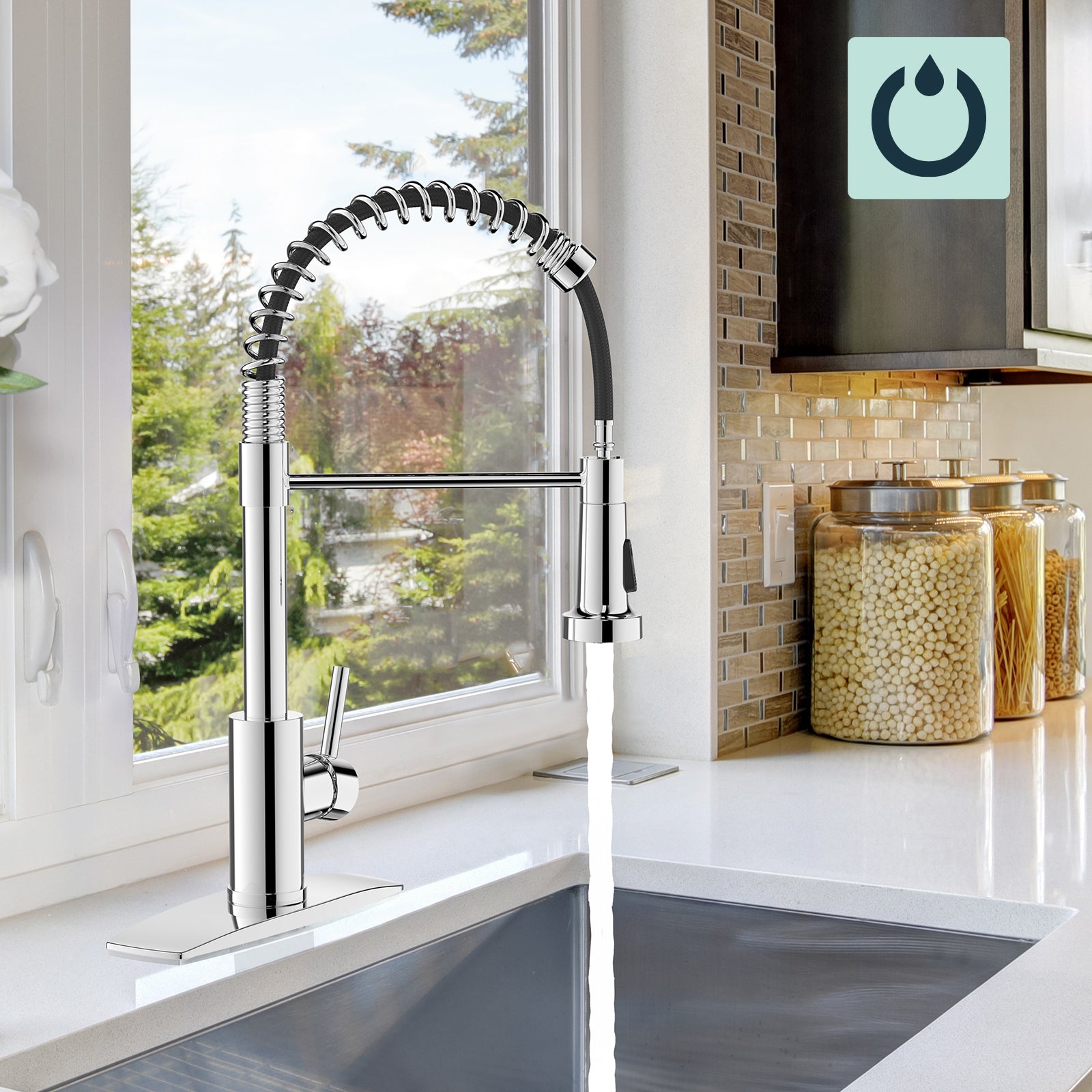 FORIOUS Kitchen Faucet with Pull Down Sprayer 1 or 3 Hole for Farmhouse with soap dispenser，led light