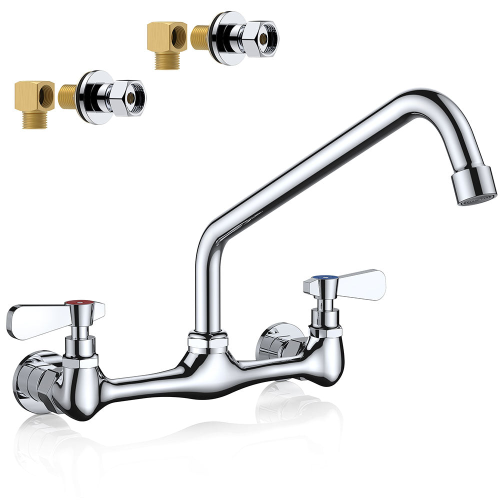 FORIOUS Kitchen Sink Faucet Wall Mount with 12'' Swivel Spout, Commercial Brass Utility Sink Faucet 8 Inch Center Two Handle for Laundry Room Restaurant Outdoor Farmhouse, Polished Chrome