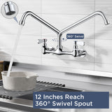 FORIOUS Kitchen Sink Faucet Wall Mount with 12'' Swivel Spout, Commercial Brass Utility Sink Faucet 8 Inch Center Two Handle for Laundry Room Restaurant Outdoor Farmhouse, Polished Chrome