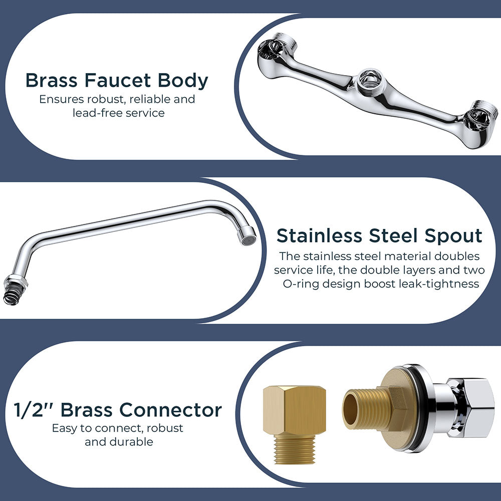 FORIOUS Kitchen Sink Faucet Wall Mount with 12'' Swivel Spout, Commercial Brass Utility Sink Faucet 8 Inch Center Two Handle for Laundry Room Restaurant Outdoor Farmhouse, Polished Chrome