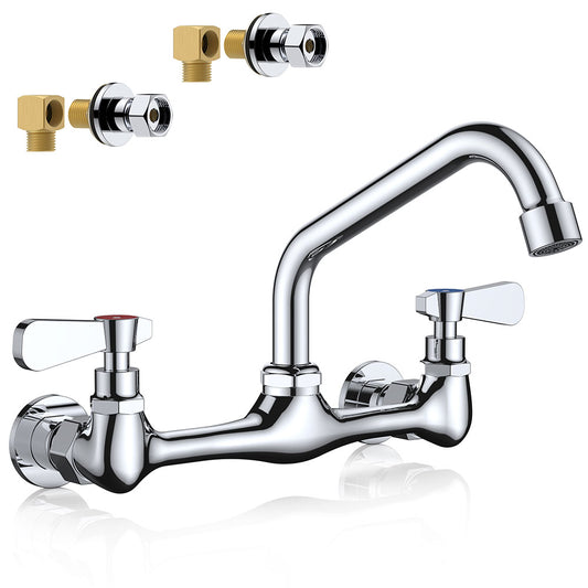 FORIOUS Kitchen Sink Faucet Wall Mount with 12'' Swivel Spout, Commercial Brass Utility Sink Faucet 8 Inch Center Two Handle for Laundry Room Restaurant Outdoor Farmhouse, Polished Chrome