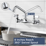 FORIOUS Kitchen Sink Faucet Wall Mount with 12'' Swivel Spout, Commercial Brass Utility Sink Faucet 8 Inch Center Two Handle for Laundry Room Restaurant Outdoor Farmhouse, Polished Chrome
