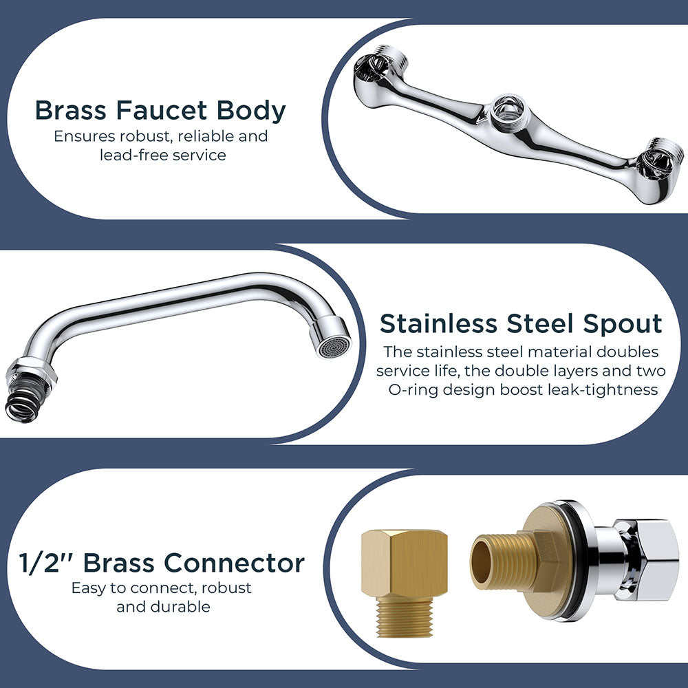 FORIOUS Kitchen Sink Faucet Wall Mount with 12'' Swivel Spout, Commercial Brass Utility Sink Faucet 8 Inch Center Two Handle for Laundry Room Restaurant Outdoor Farmhouse, Polished Chrome