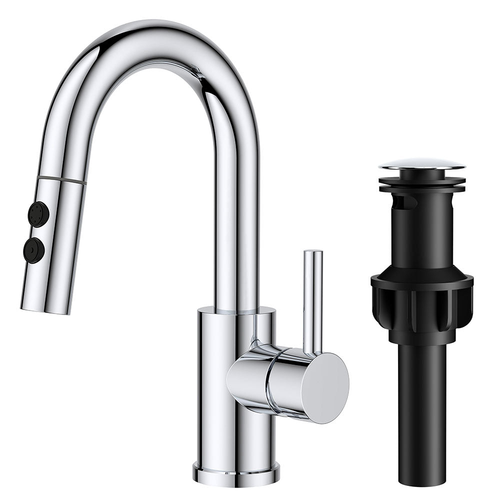 FORIOUS Chrome Bathroom Faucet with Pull Down Sprayer, Single Hole Bar Sink Faucet 1 Hole with Pop Up Drain Hose, Suitable for Bathroom, RV,Vanity, Restroom & Utility Sink