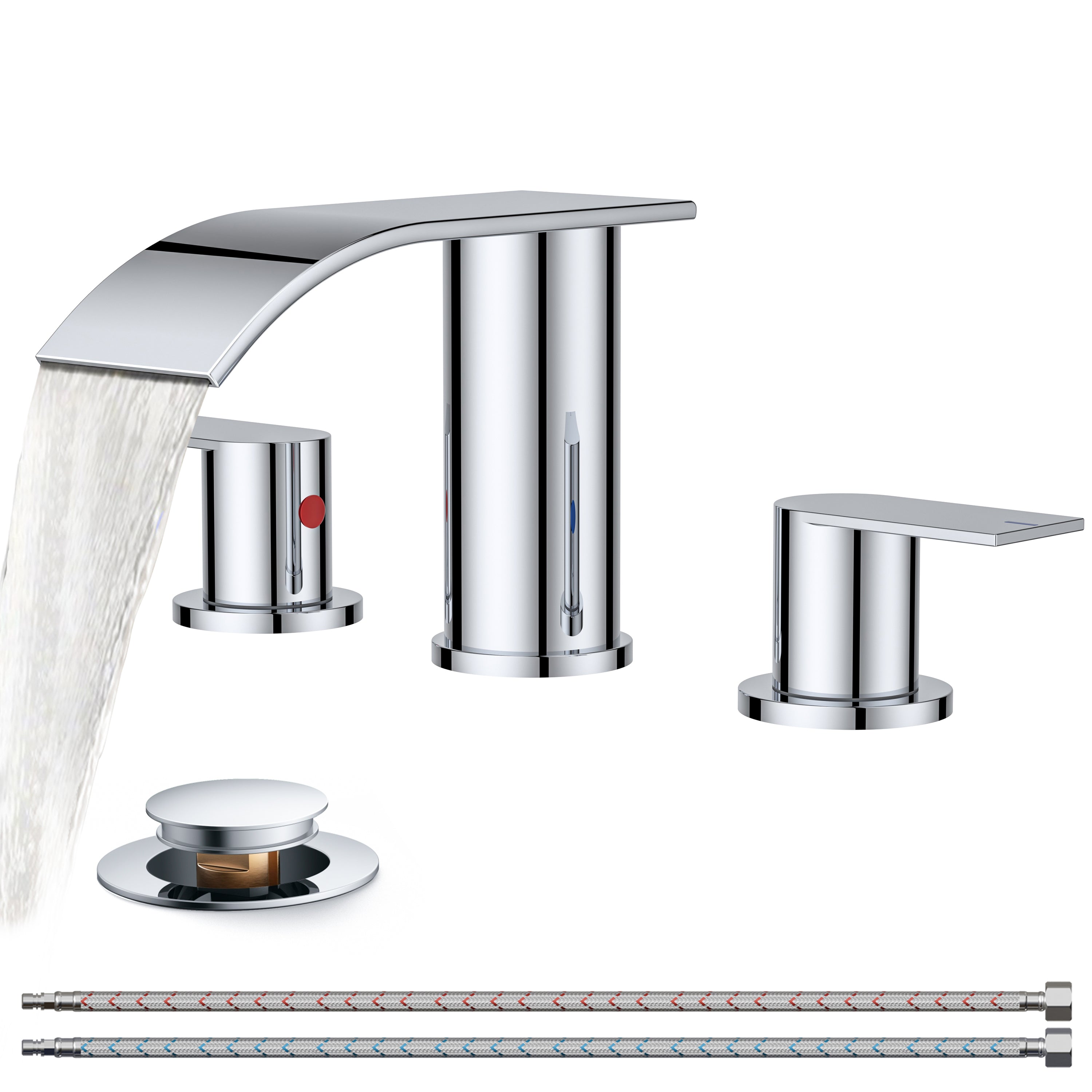 FORIOUS  Waterfall Bathroom Faucets ，8 Inch Widespread  with Metal Pop-up Drain