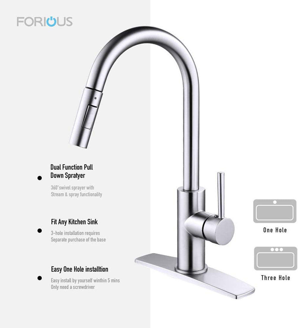 Modern Single Handle Kitchen Faucet With Pull-Down Sprayer - Brushed Nickel, Stainless Steel, 1 Or 3 Hole Deck Plate