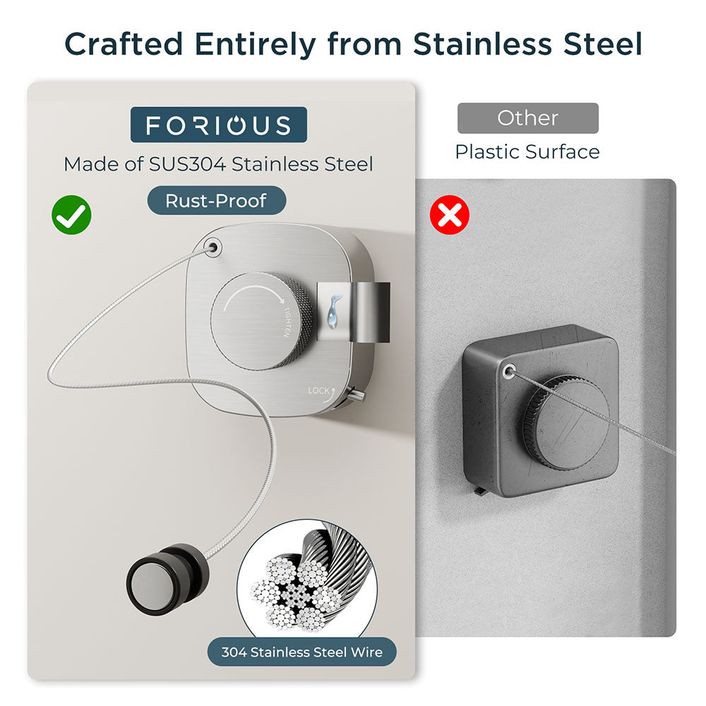 FORIOUS Retractable Clothesline Indoor, 13.8 Ft Non-Sagging Outdoor Clothes Line, Rustproof All Stainless Steel Heavy Duty Clothes Drying Laundry Line, Screw Wall Mounted for Bathroom