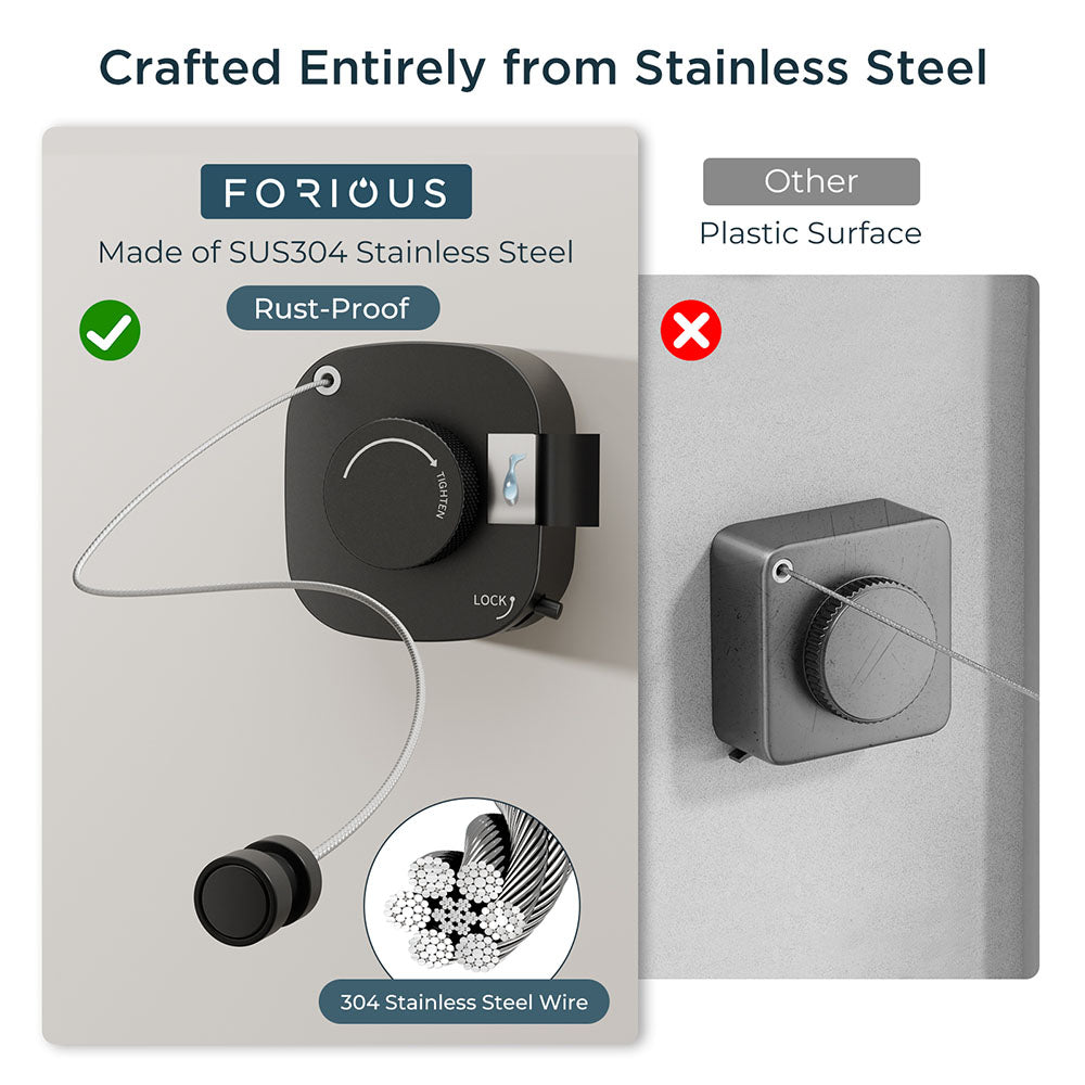 FORIOUS Retractable Clothesline Indoor, 13.8 Ft Non-Sagging Outdoor Clothes Line, Rustproof All Stainless Steel Heavy Duty Clothes Drying Laundry Line, Screw Wall Mounted for Bathroom