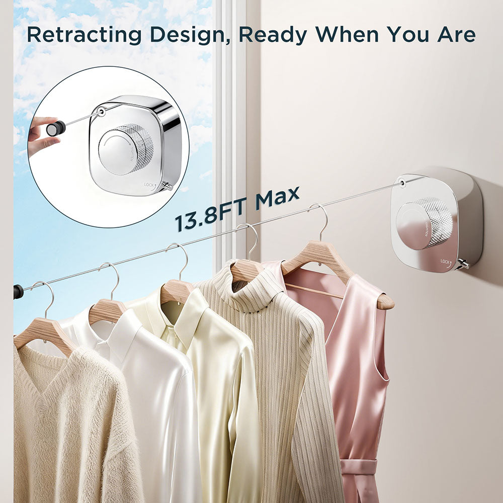 FORIOUS Retractable Clothesline Indoor, 13.8 Ft Non-Sagging Outdoor Clothes Line, Rustproof All Stainless Steel Heavy Duty Clothes Drying Laundry Line, Screw Wall Mounted for Bathroom