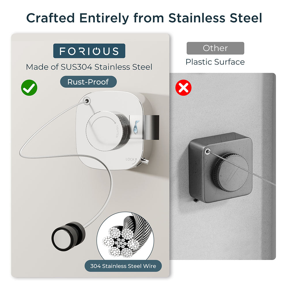 FORIOUS Retractable Clothesline Indoor, 13.8 Ft Non-Sagging Outdoor Clothes Line, Rustproof All Stainless Steel Heavy Duty Clothes Drying Laundry Line, Screw Wall Mounted for Bathroom