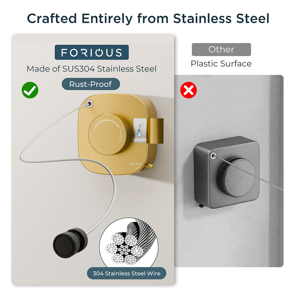 FORIOUS Retractable Clothesline Indoor, 13.8 Ft Non-Sagging Outdoor Clothes Line, Rustproof All Stainless Steel Heavy Duty Clothes Drying Laundry Line, Screw Wall Mounted for Bathroom