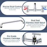 FORIOUS Wall Mount Kitchen Faucet, Adjustable 8" Center Commercial Chrome | No-Lead Stainless Steel Kitchen Sink Faucet, 12 Inch 360° Swivel Spout, 2 Handle for Utility Laundry Room Restaurant Outdoor