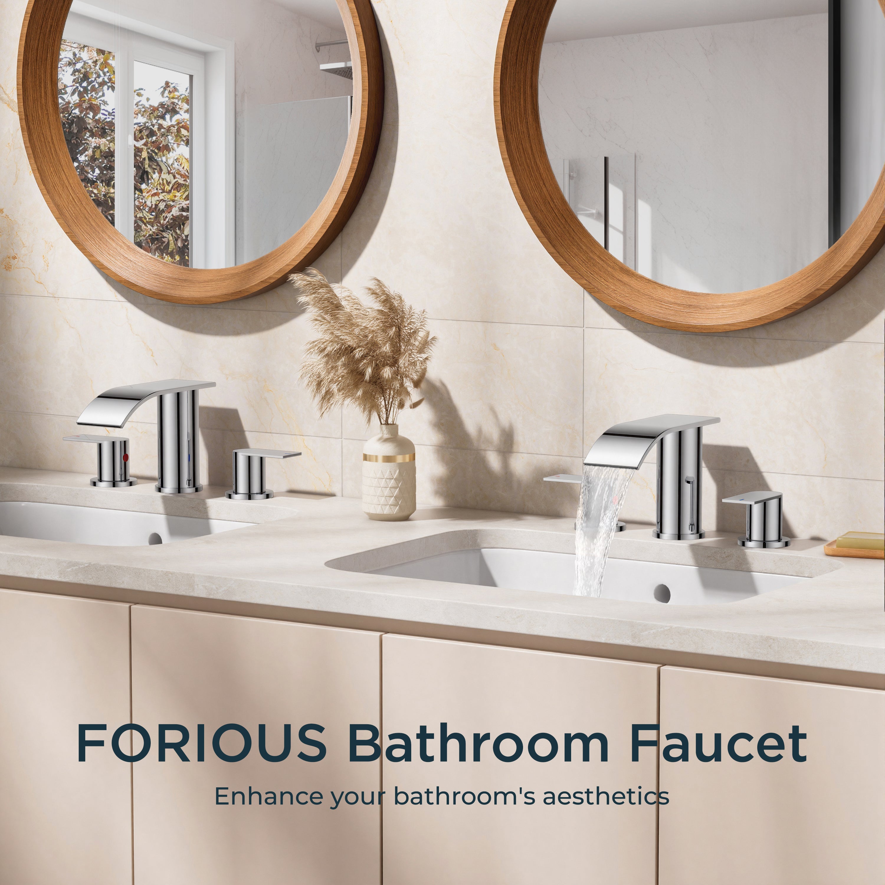 FORIOUS  Waterfall Bathroom Faucets ，8 Inch Widespread  with Metal Pop-up Drain