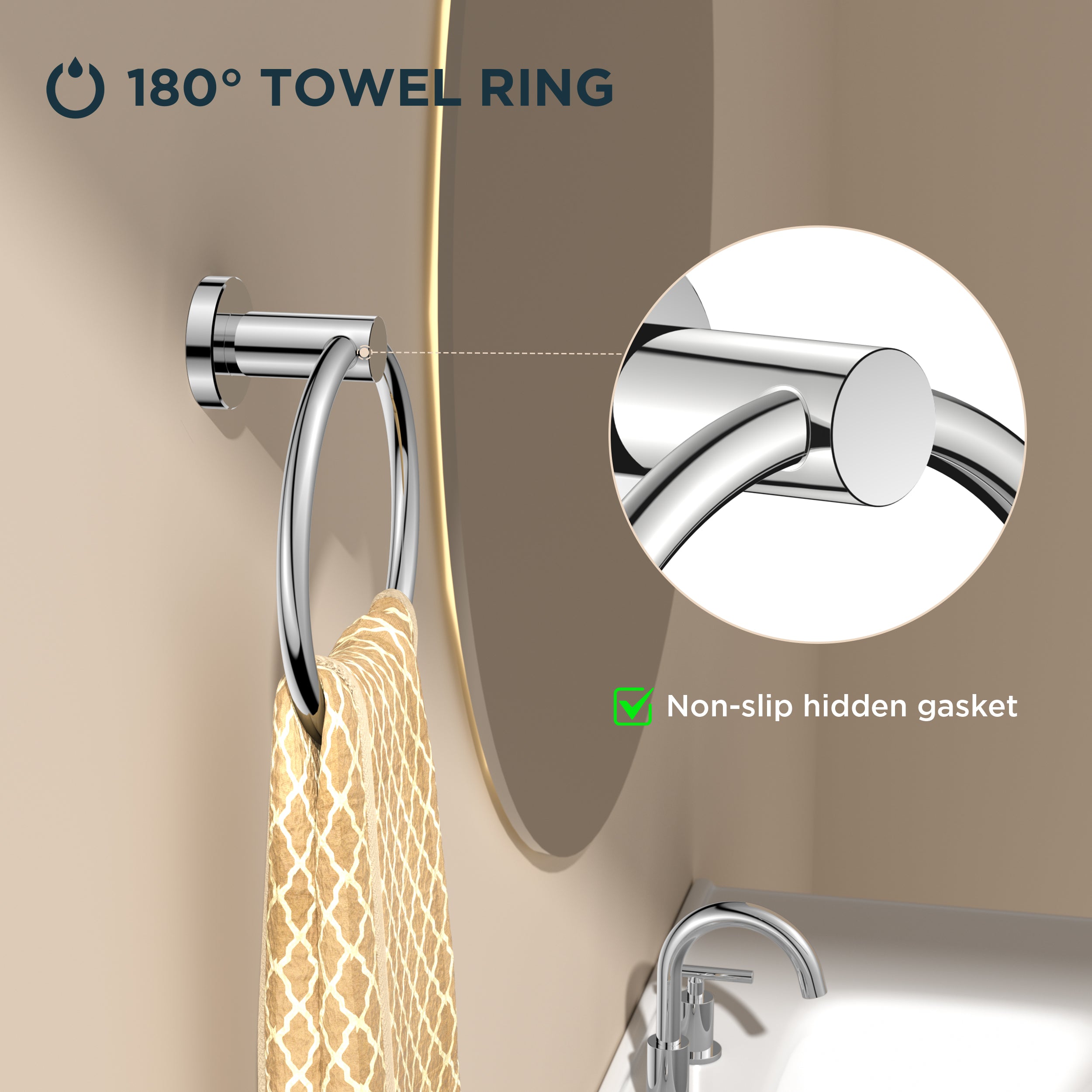 FORIOUS Towel Ring, SUS304 Stainless Steel Modern Hand Towel Holder Rack Hanger Round for Bathroom Wall Mounted, Ideal for Bath, Kitchen, RV (1, Chrome)