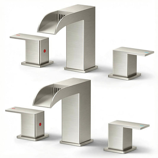 FORIOUS 2 Pack, Waterfall Bathroom Faucets 3 Hole, 8 Inch Widespread Square Matte Black，Brushed Gold， Stainless Steel ，Chrome Bathroom Sink Faucet with Metal Pop-up Drain and cUPC Supply Lines, Two Handles for Vanity, Restroom, Commercial