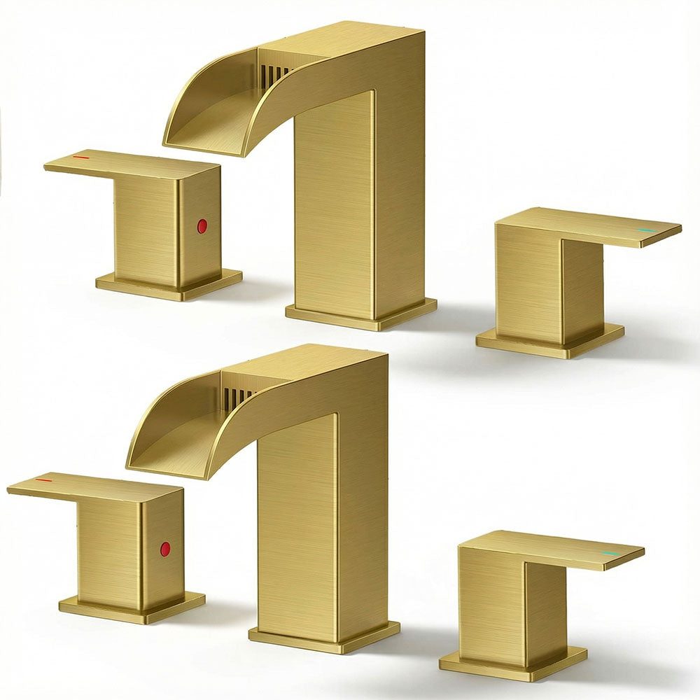 FORIOUS 2 Pack, Waterfall Bathroom Faucets 3 Hole, 8 Inch Widespread Square Matte Black，Brushed Gold， Stainless Steel ，Chrome Bathroom Sink Faucet with Metal Pop-up Drain and cUPC Supply Lines, Two Handles for Vanity, Restroom, Commercial