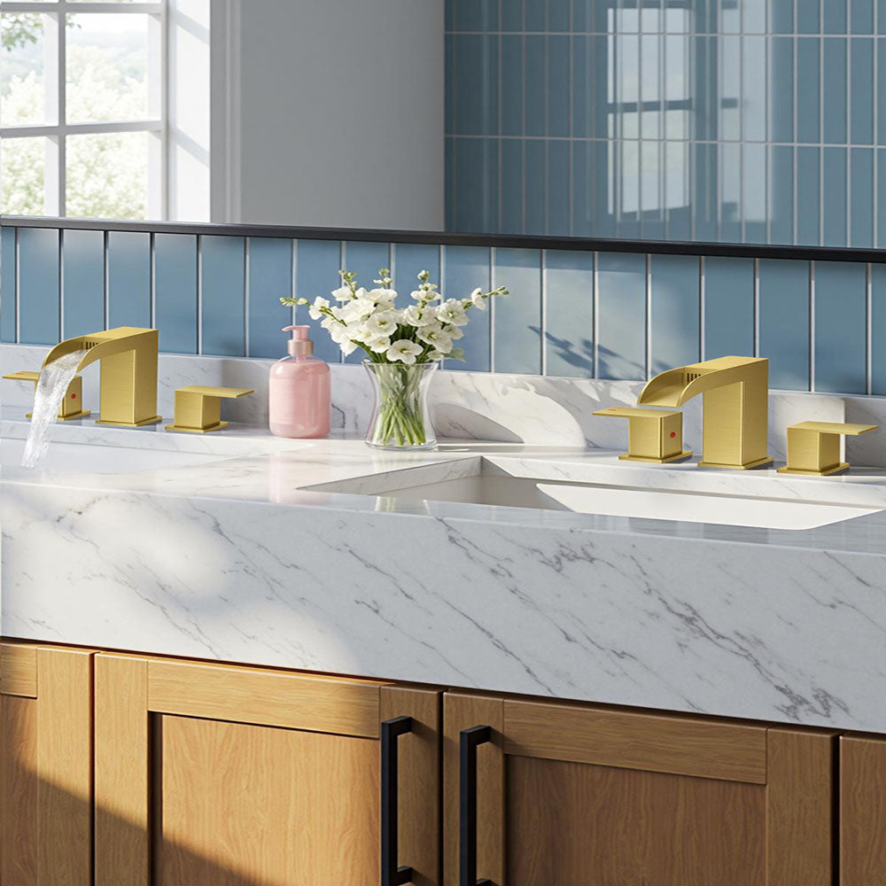 FORIOUS 2 Pack, Waterfall Bathroom Faucets 3 Hole, 8 Inch Widespread Square Matte Black，Brushed Gold， Stainless Steel ，Chrome Bathroom Sink Faucet with Metal Pop-up Drain and cUPC Supply Lines, Two Handles for Vanity, Restroom, Commercial