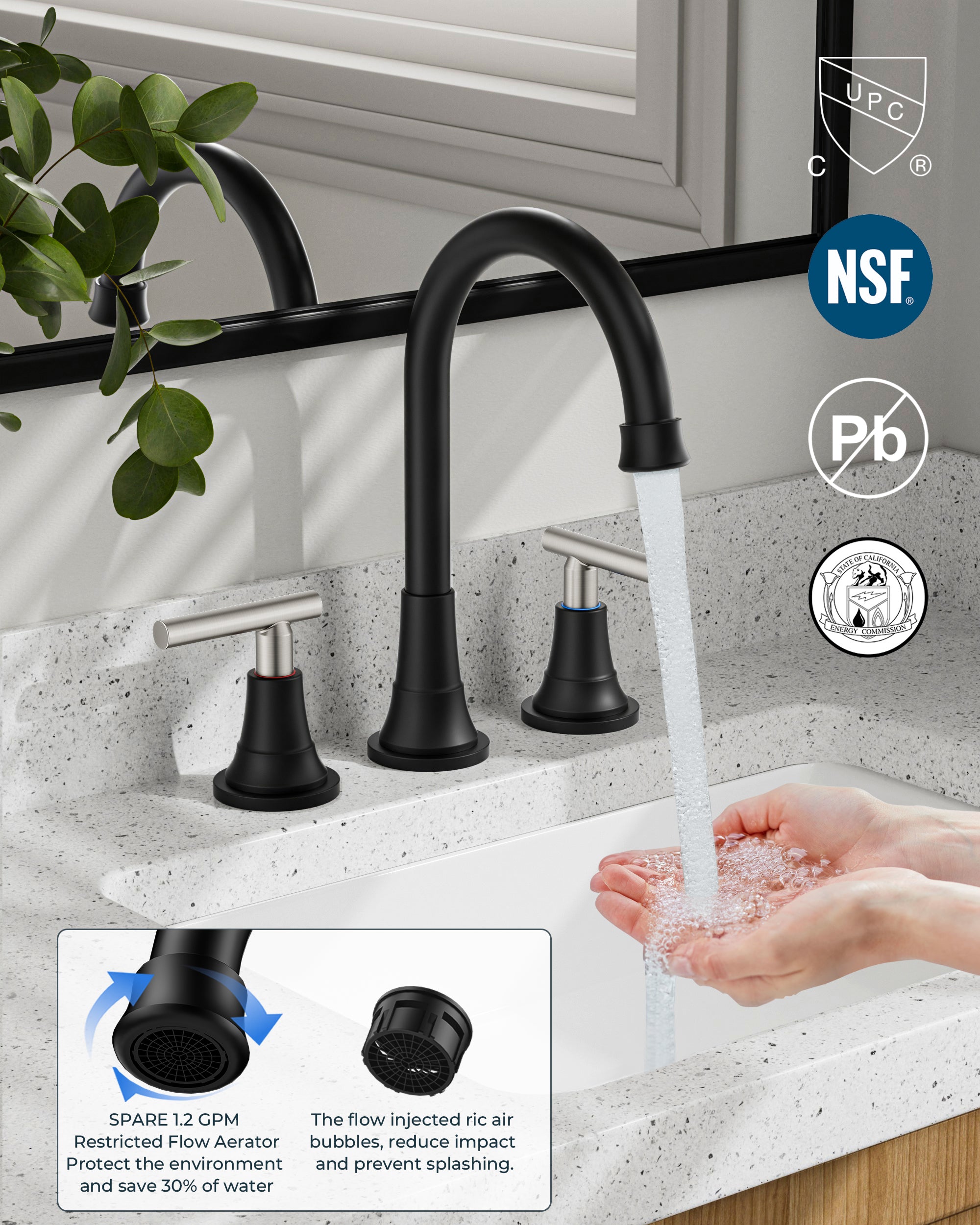 FORIOUS Bathroom Faucet 3 Hole with Pop-up Drain and Hose, Widespread Bathroom Sink Faucet with 360 ° Swivel Spout, Faucet for Bathroom Sink, Vanity